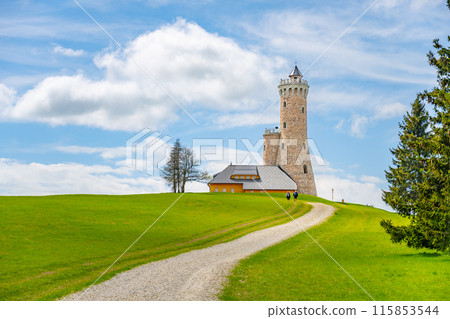 A gravel path leads to the Dalimil Lookout Tower in the Czech Republic. The tower stands tall against a backdrop of lush green grass and a blue sky with fluffy clouds. A gravel path leads to the Dalimil Lookout Tower in the Czech Republic. The tower stands tall against a backdrop of lush green grass and a blue sky with fluffy clouds. 115853544