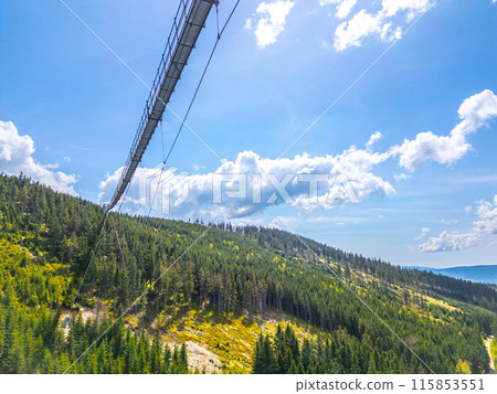 Sky Bridge 721 - the Worlds longest suspension footbridge stretches across a valley in the Czech Republic, surrounded by lush green forests and a clear blue sky. 115853551