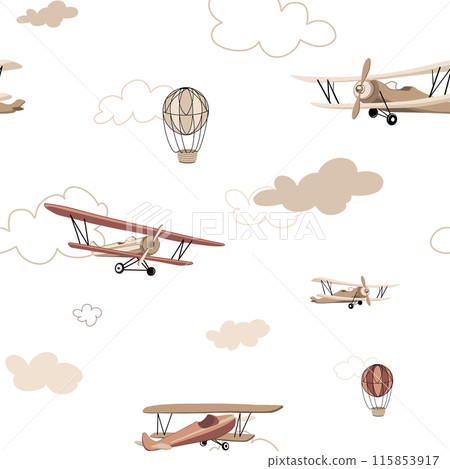 Seamless pattern with retro airplanes in beige color minimalist style. Hand drawn illustration aviation. Set background illustration of cute and sky scene complete with airplanes and balloons, clouds. Seamless pattern with retro airplanes in beige color minimalist style. Hand drawn illustration aviation. Set background illustration of cute and sky scene complete with airplanes and balloons, clouds. 115853917