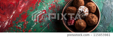 Homemade Chocolate Truffle Dessert on Vibrant Color Backdrop in Italy Inspired Style 115853981