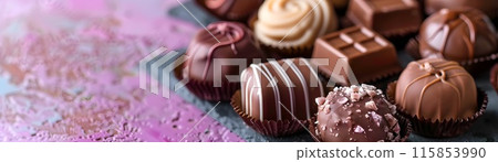 Luxurious Belgian Chocolates Arrangement on Elegant Patterned Backdrop Luxurious Belgian Chocolates Arrangement on Elegant Patterned Backdrop 115853990