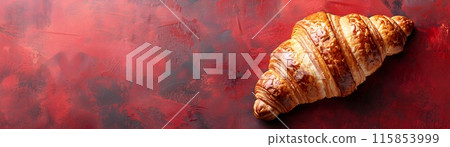 Freshly Baked Croissant on Vibrant Red Backdrop with Cafe Inspired Ambiance 115853999