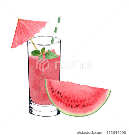 A glass with watermelon, cubes, pink juice, mint and a straw. Watercolor, ink art isolated on white, hand drawn for food design. Great for juice, smoothie, menu, organic food, logo decor and design 115854008