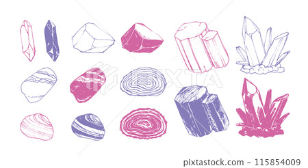 Hand-drawn illustrations of stylish minerals Crystal decoration set Gemstones Power stones Hand-drawn illustrations of stylish minerals Crystal decoration set Gemstones Power stones 115854009
