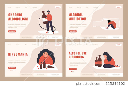 Alcoholism concept. Set of Landing page template. Depressed Characters with Alcohol Addiction. People with Substance Abuse. Vector illustration in flat cartoon style 115854102