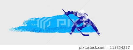 Focused man, professional hockey player in full gear standing with stick isolated in white background with blue abstract element. Contemporary art collage. Focused man, professional hockey player in full gear standing with stick isolated in white background with blue abstract element. Contemporary art collage. 115854227