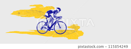Contemporary art collage. Man in sportswear riding a bicycle on white background with abstract yellow elements. Contemporary art collage. Man in sportswear riding a bicycle on white background with abstract yellow elements. 115854249