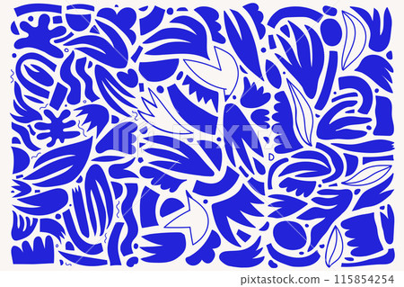 Vector set of abstract collage shapes, blue organic elements, leaves, blobs, birds art graphic. Trendy flat illustration, geometric minimal cutout pattern Vector set of abstract collage shapes, blue organic elements, leaves, blobs, birds art graphic. Trendy flat illustration, geometric minimal cutout pattern 115854254