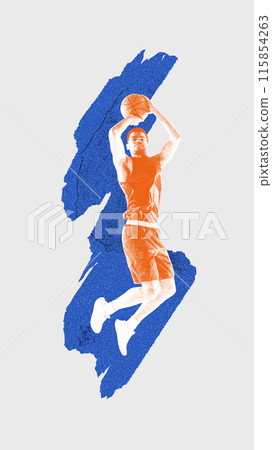 Contemporary art collage. Full-length image of young competitive man, basketball player in motion, jumping with ball Contemporary art collage. Full-length image of young competitive man, basketball player in motion, jumping with ball 115854263