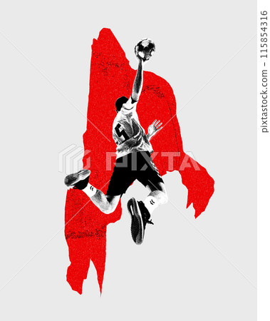 Monochrome and color. Full-length dynamic image of man, handball player in motion, playing isolated on white background. Contemporary art collage. Monochrome and color. Full-length dynamic image of man, handball player in motion, playing isolated on white background. Contemporary art collage. 115854316
