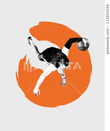 Aerial view on basketball player in motion with ball training playing on white background with abstract orange elements. Contemporary art collage. 115854326