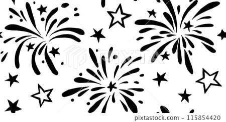 seamless pattern of fireworks and stars for American Independence Day. black and white illustration 115854420