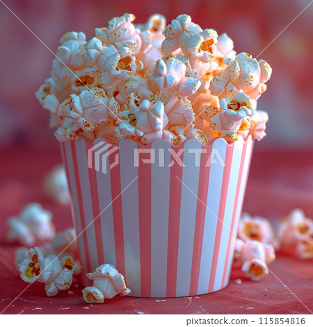 Popcorn in a striped box on a pink background. Close-up 115854816