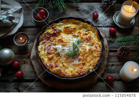 Potato gratin sprinkled with Parmesan cheese, homemade cuisine, candlelit atmosphere, top view 115854878