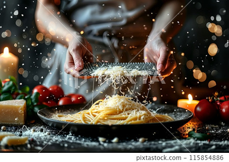 Women's hands grate Parmesan cheese on a grater, cheese pieces fall on spaghetti in a large plate, home kitchen, candlelit atmosphere 115854886