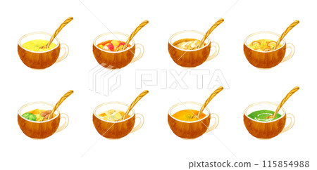 Set of 8 types of soup and potage - Hand-drawn watercolor illustrations of dishes and food 115854988