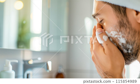 Close-up of a smiling man washing his face, men's beauty Close-up of a smiling man washing his face, men's beauty 115854989