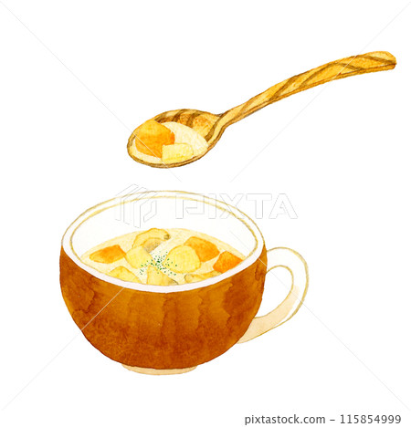 蛤蜊濃湯和木匙烹飪和食物手繪水彩插畫素材 蛤蜊濃湯和木匙烹飪和食物手繪水彩插畫素材 115854999