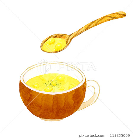 Corn soup and wooden spoon Hand-drawn watercolor illustration of cooking and food 115855009