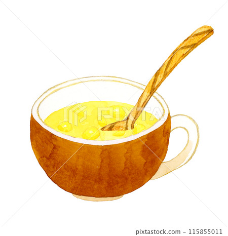 玉米湯和木匙烹飪和食物手繪水彩插畫素材 115855011