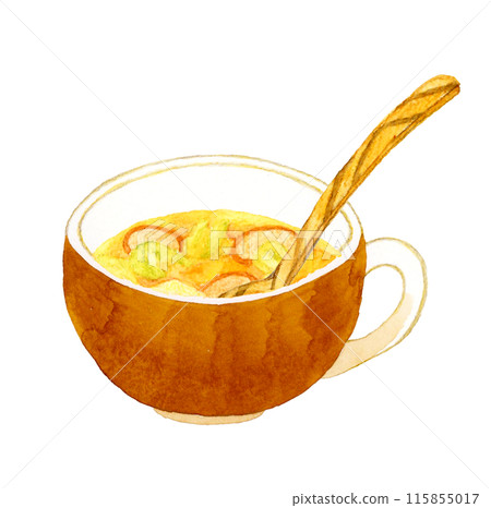 Consommé soup (vegetable soup) and wooden spoon Hand-drawn watercolor illustration of food and cooking 115855017