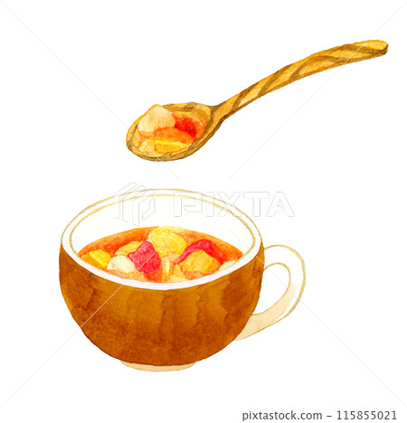 蔬菜通心粉湯和木勺烹飪和食物手繪水彩插畫素材 115855021