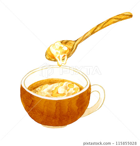 洋蔥焗湯和木匙烹飪和食物手繪水彩插畫素材 115855028