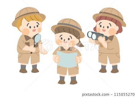 Children on an expedition holding magnifying glasses, binoculars and a map Children on an expedition holding magnifying glasses, binoculars and a map 115855270
