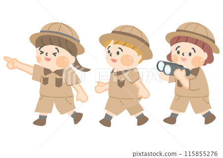 Three smiling children walking around in explorer clothes 115855276