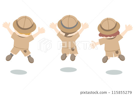 孩子們穿著探索服跳躍的後視圖 115855279