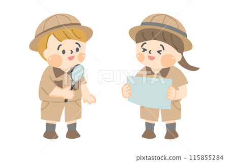 An expedition team of a girl with a map and a boy with a magnifying glass An expedition team of a girl with a map and a boy with a magnifying glass 115855284