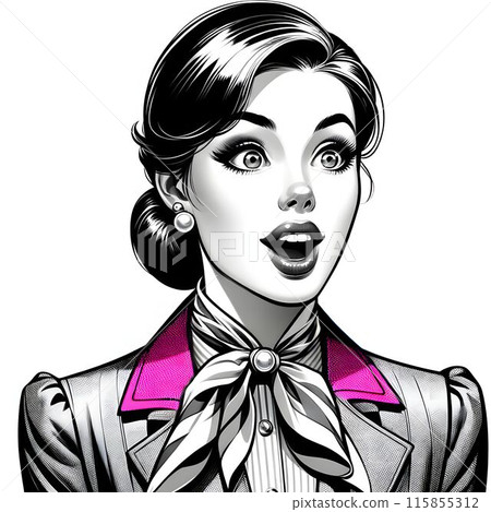 單色婦女的插圖,白色背景有驚訝的表情。強調粉紅色的衣領。 單色婦女的插圖,白色背景有驚訝的表情。強調粉紅色的衣領。 115855312
