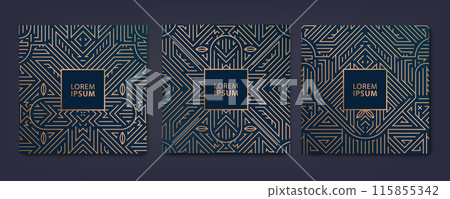 Vector set of square gold cards, art deco geometric banners, line gala templates. Corporate posters, invites, business flyers. Dark blue design. 115855342