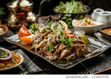 Delicious Slow-Cooked Lamb Garnished With Fresh Herbs and Vegetables at a Restaurant 115855379