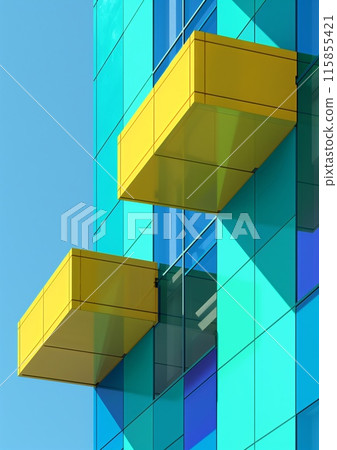Colorful Modern Building Facade with Yellow Cubic Balconies on a Clear Day 115855421