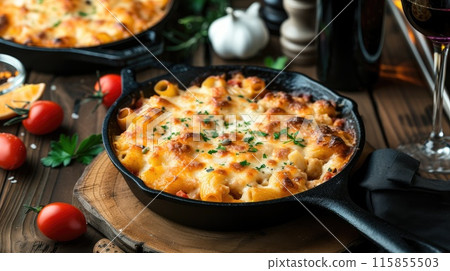 Cheesy baked pasta. Generative AI 115855503