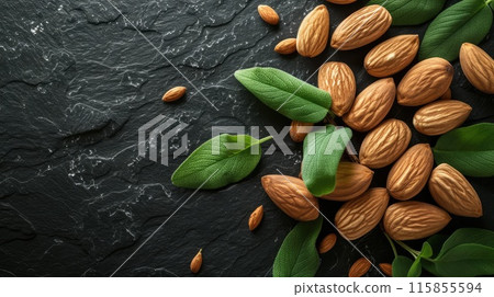 Almonds on black background. Generative AI 115855594