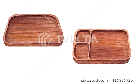 High quality wooden trays featuring one solid tray and one with compartments. Natural brown tray add rustic touch to any space, combining beauty with functionality. Watercolor illustration for serving 115855720