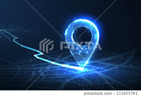 Pin icons with move path. New office location, change business address, relocate store or shop, change site address concept 115855761