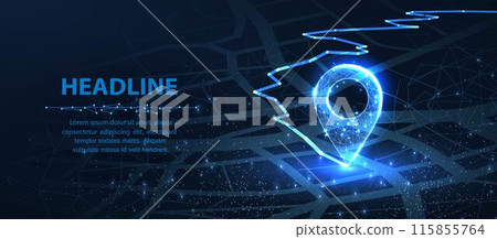 Pin icons with move path. New office location, change business address, relocate store or shop, change site address concept 115855764