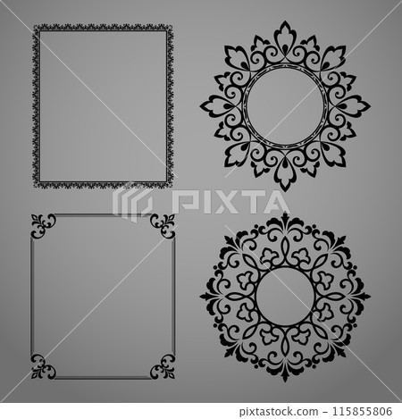 Set of decorative frames Elegant vector element for design in Eastern style, place for text. Floral black and gray borders. Lace illustration for invitations and greeting cards 115855806