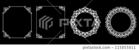Set of decorative frames Elegant vector element for design in Eastern style, place for text. Floral black and white borders. Lace illustration for invitations and greeting cards. Set of decorative frames Elegant vector element for design in Eastern style, place for text. Floral black and white borders. Lace illustration for invitations and greeting cards. 115855811