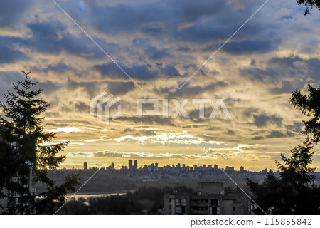 Big city landscape at sunset on cloudy sky background in Vancouver, Canada 115855842