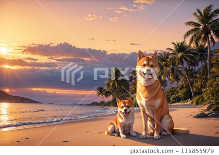 日落海灘和柴犬父母和孩子 [AI 圖像] 115855979