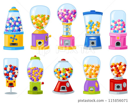 Bubblegum retro vending machines. Color chewing gum in transparent dispensers of various shapes. Kids round candies and sweets. Food selling equipment. Gashapon balls. Recent vector set 115856071