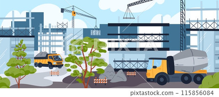 Construction site workflow. House building. Truck with industrial materials. Concrete slabs and frames in cladding process. Constructor cranes. Housing development. Garish vector concept 115856084