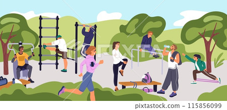 Group outdoor sport training. Street workout. Athletes do exercises. Park turnstiles. Fitness equipment. Woman running. Man lifting weights. Healthy lifestyle. Garish vector concept Group outdoor sport training. Street workout. Athletes do exercises. Park turnstiles. Fitness equipment. Woman running. Man lifting weights. Healthy lifestyle. Garish vector concept 115856099
