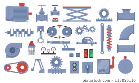 Machine parts. Different mechanical details. Metal gears. Pipe valves. Engine pump levers or hinges. Engineering equipment. Technical or robots components. Steampunk elements vector set 115856116