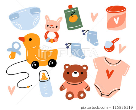 Moms with newborn baby. Kid toys and clothing. Toddler bodysuit. Diaper and socks. Rubber duck. Milk bottle. Children pacifier and rattle. Childish stuff. Vector infants objects set 115856119