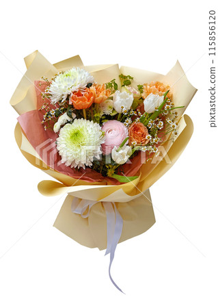 Beautiful gift bouquet of different flowers in decorative paper isolated on white background 115856120